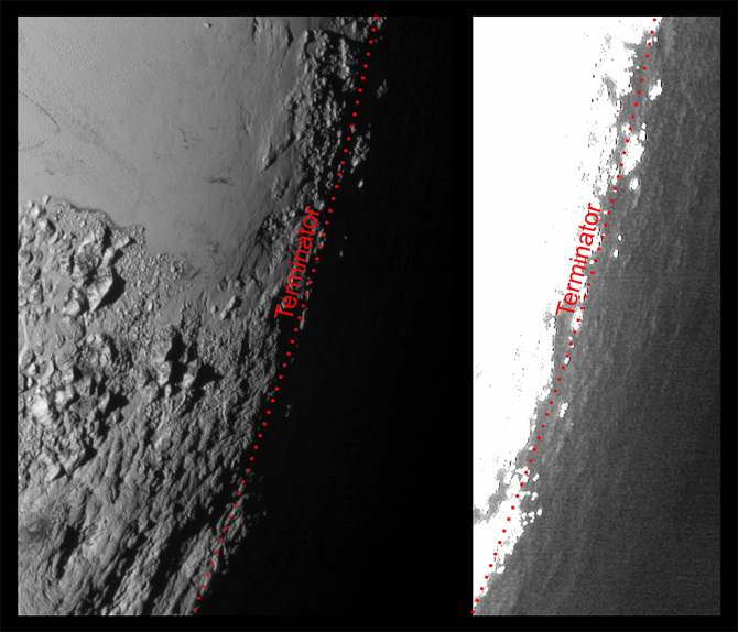Bức ảnh được chụp từ New Horizons vào ngày 14/7 ở vị trí có độ cao lên tới 80.000 km. Bức ảnh chụp theo hai cách khác nhau cho thấy độ sáng, lượng khói bụi trong bầu khí quyển của Sao Diêm Vương đã tạo ra những ánh sáng lờ mờ trên bề mặt trước khi được mặt trời chiếu sáng và lại chìm vào bóng tối.