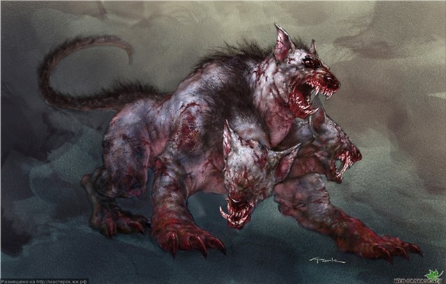 
Cerberus hay Kerberos - con vật canh giữ ở cổng địa ngục, là con chó săn ba đầu của Hades, với cái đuôi rắn.
