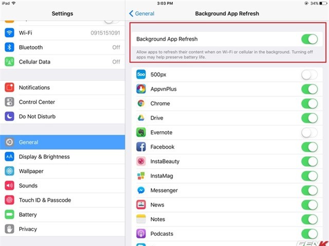 
Gạt Background App Refresh sang OFF hoặc tùy chỉnh cho 1 số ứng dụng
