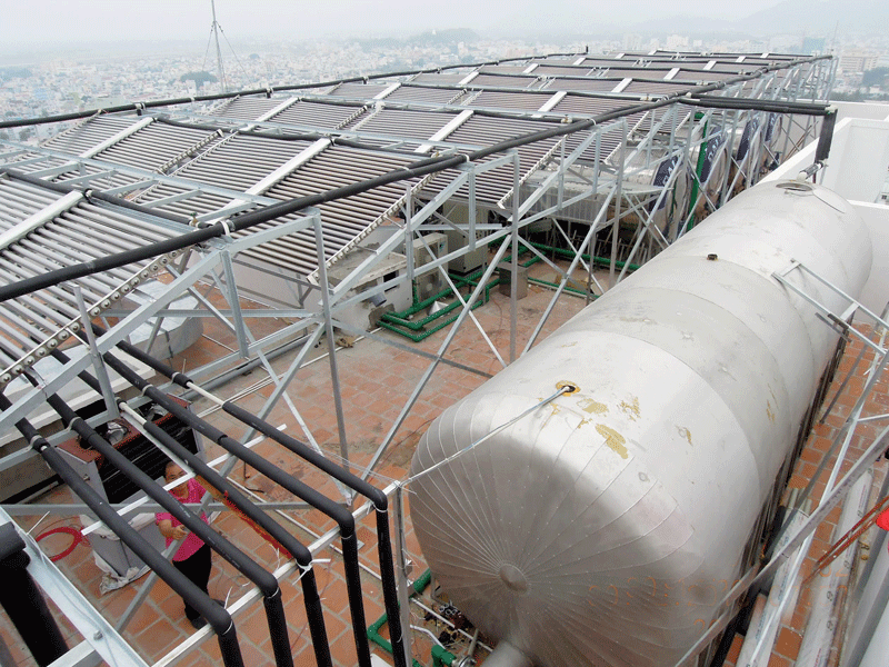 Hệ thống bơm nhiệt kết hợp với bộ thu năng lượng mặt trời được lắp đặt tại khách sạn Thế giới Xanh Nha Trang.