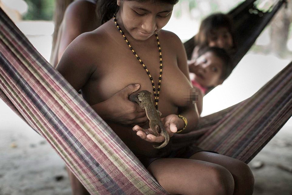 Bộ lạc Awa sống hòa hợp với rừng rậm Amazon, thậm chí, họ còn sẵn sàng cho những người bạn 4 chân bú như con mình. (Nguồn: Dailymail)