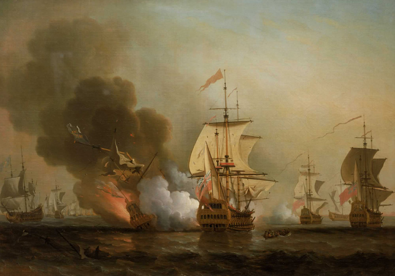 Bức tranh tái hiện cảnh San Jose bị chiến hạm Anh bắn chìm. Ảnh: Wikimedia