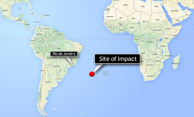 Vị trí nơi thiên thạch rơi xuống ở Đại Tây Dương, cách bờ biển Brazil 30 km.