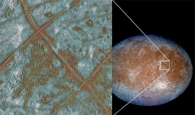 Những vân màu nâu trên bề mặt vệ tinh Europa được cho là nước lỏng ấm thấm ra từ bên trong lớp vỏ của nó. 