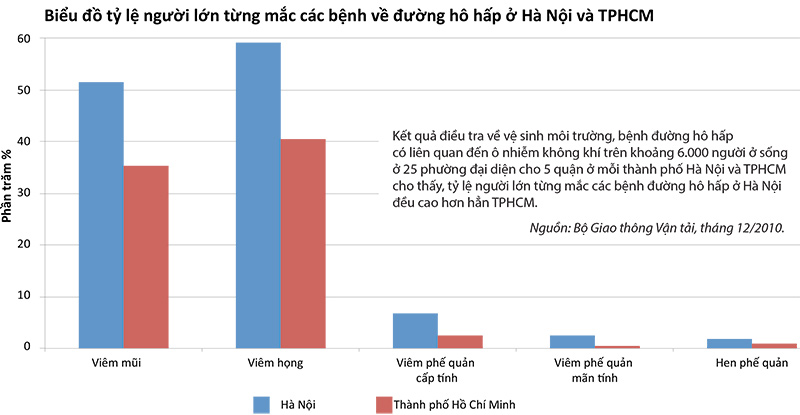 Biểu đồ tỷ lệ người lớn từng mắc các bệnh về đường hô hấp ở Hà Nội và TPHCM.