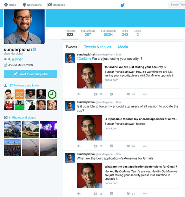 Những thông điệp được OurMine đăng tải trên tài khoản Quora của Sundar Pichai cũng hiển thị trên tài khoản Twitter của vị CEO này