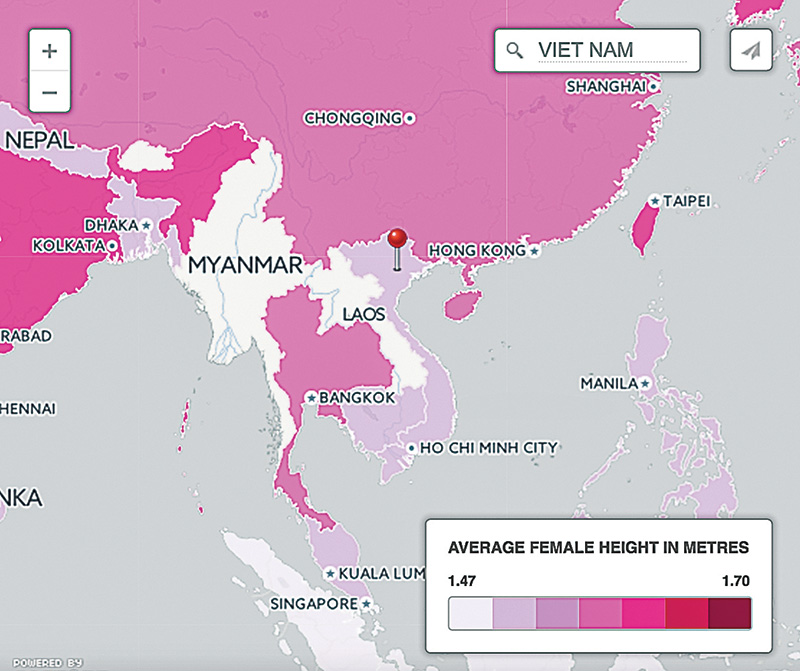 Bản đồ chiều cao trung bình của các nước do Telegraph công bố ( màu trắng thể hiện quốc gia chưa có số liệu).
