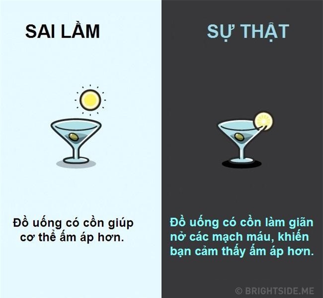 Bạn thường cảm thấy cơ thể ấm lên khi uống rượu, tuy nhiên đó là bởi vì rượu làm cho mạch máu giãn ra, trong khi máu di chuyển gần hơn đến bề mặt da của bạn. 