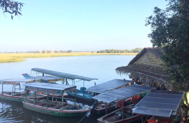 Những chiếc thuyền chạy bằng năng lượng mặt trời không gây tiếng ồn và ô nhiễm được WWF và UBND tỉnh Đồng Tháp trang bị cho Vườn quốc gia Tràm Chim trong các hoạt động du lịch, dần thay thế tàu động cơ xăng/dầu. Ảnh: Bình Nguyễn/WWF-Việt Nam.