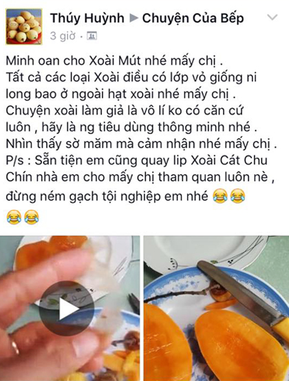 Một Facebook tên Thúy Huỳnh cũng làm clip chứng minh tất cả các giống xoài đều có lớp màng trên. Người này dùng xoài Cát chu để chứng minh.