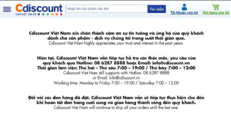 Thông báo đóng cửa website thương mại điện tử của Cdiscount.vn đăng tải trên trang chủ của mình