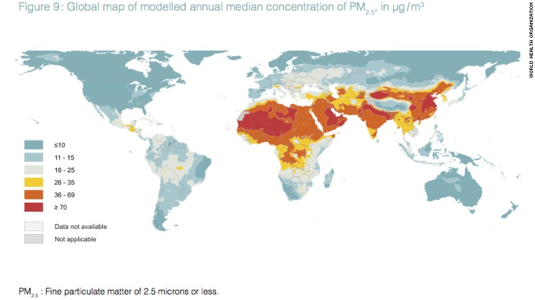 Bản đồ những khu vực mà không khí tập trung nhiều hạt vật chất gây ô nhiễm nhất trên thế giới (mức độ tăng dần từ xanh đậm, xanh nhạt, xám, vàng, cam, đỏ).