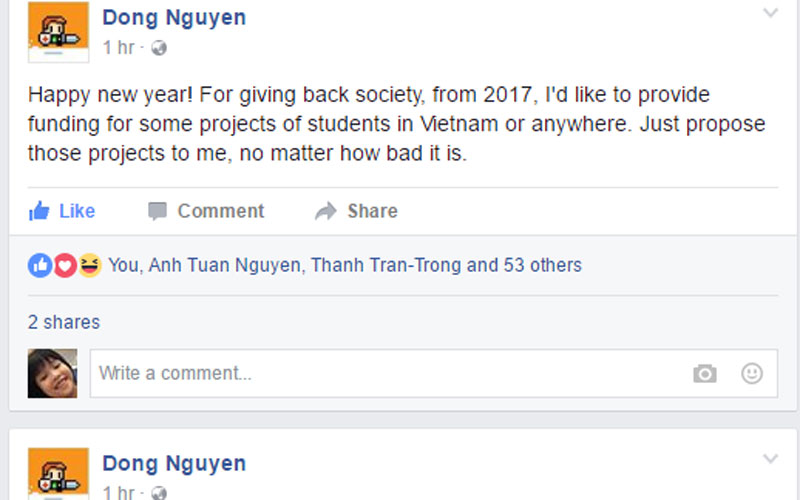 Chia sẻ trên trang cá nhân của Nguyễn Hà Đông hôm 2/1/2017.