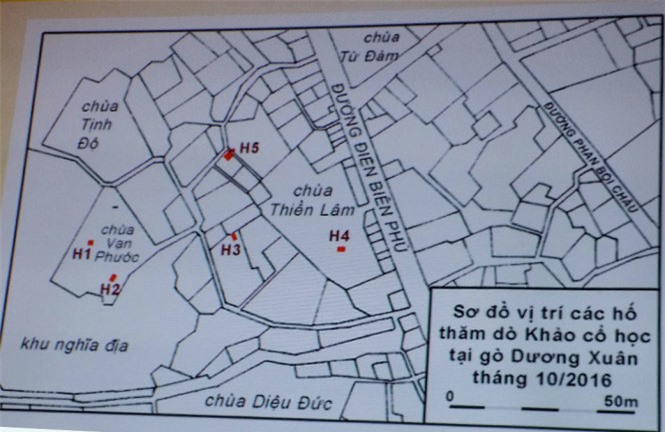 Sơ đồ khu vực gò Dương Xuân - nơi đã tiến hành cuộc thăm dò khảo cổ học - Ảnh: MINH TỰ