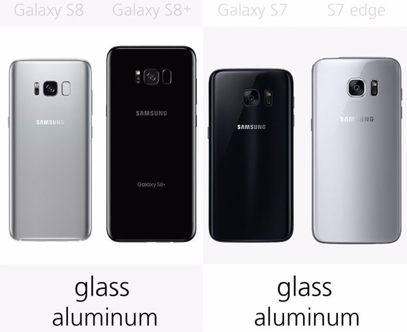 Samsung Galaxy S8, Galaxy S8 Plus, Galaxy S7, Galaxy S7 Edge đều sử dụng chất liệu nhôm và kính.