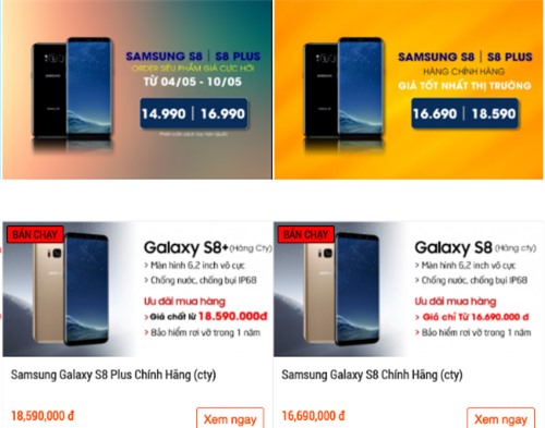 Giá Galaxy S8 và S8+ chính hãng mỗi nơi một khác nhưng rẻ hơn niêm yết của Samsung tới vài triệu đồng.