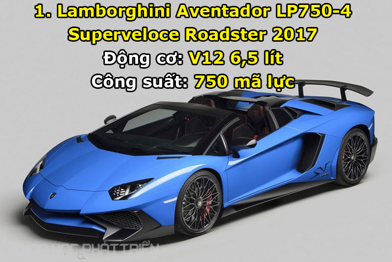 Top 10 xe mui trần mạnh nhất thế giới. Với công suất tối đa lên tới 750 mã lực, Lamborghini Aventador LP750-4 Superveloce Roadster 2017 chính là siêu xe mui trần mạnh nhất trên thế giới ở thời điểm này. (CHI TIẾT)