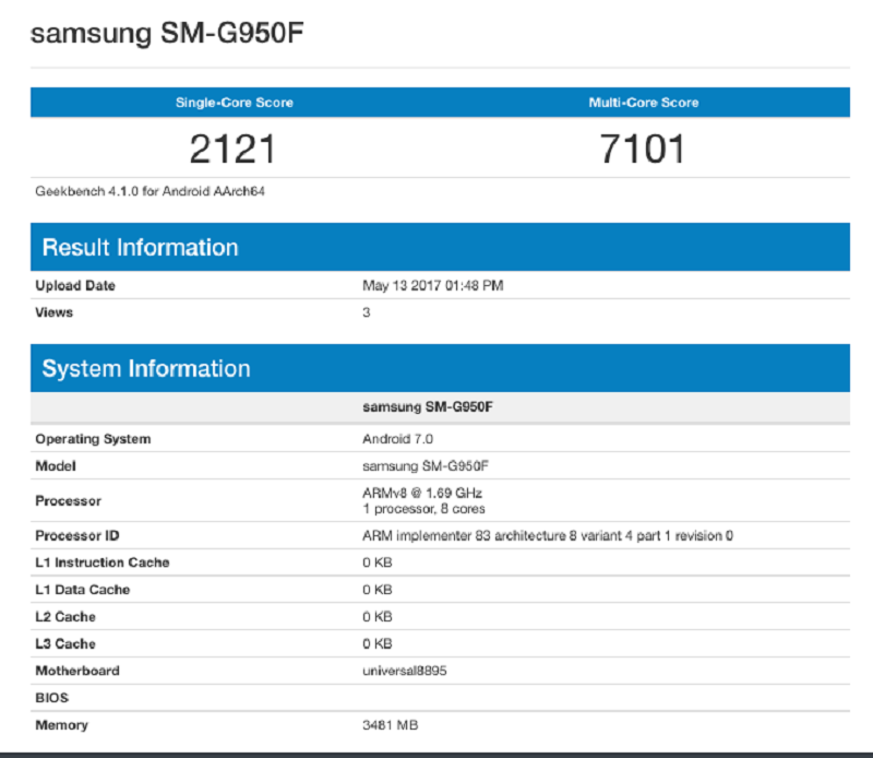 Điểm số GeekBench của Galaxy S8