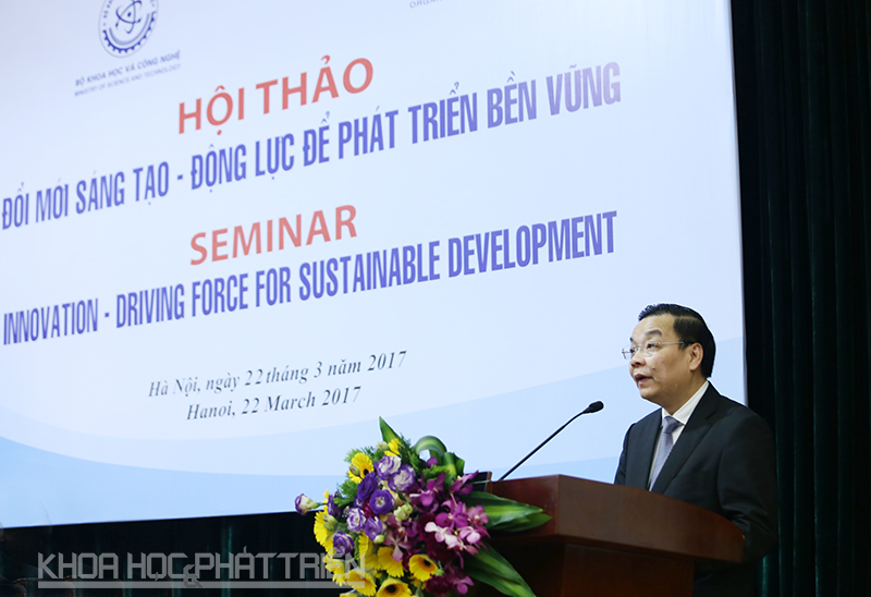 Bộ trưởng Bộ Khoa học và Công nghệ Chu Ngọc Anh phát biểu tại hội thảo "Đổi mới sáng tạo - Động lực để phát triển bền vững". Ảnh: Loan Lê.