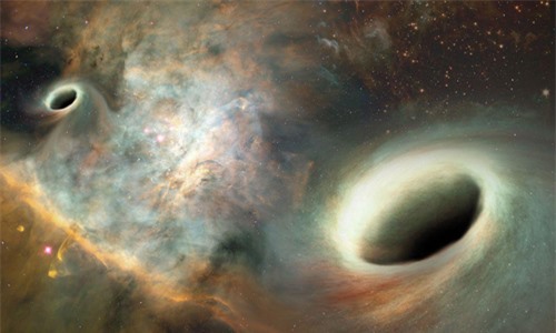 Hai hố đen khổng lồ quay quanh nhau, cách Trái Đất 750 triệu năm ánh sáng. Đồ họa: UNM.