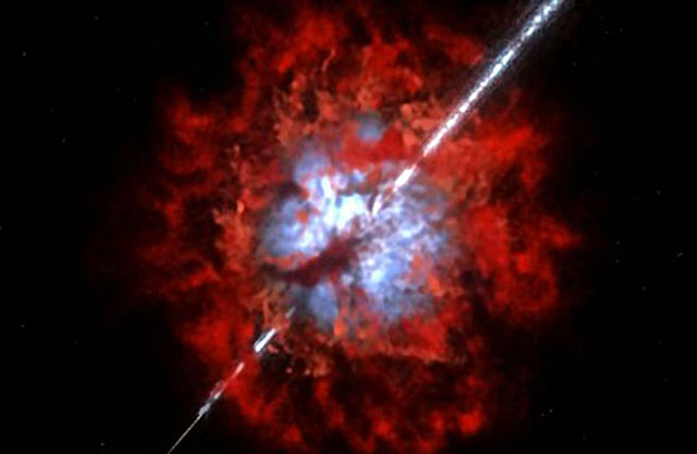 Vụ nổ tia gama phát ra các dòng tia trong vũ trụ với tốc độ ánh sáng. Ảnh: SWNS.