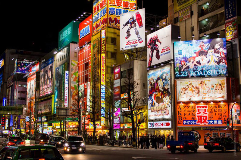 9. Khu phố điện tử Akihabara. Ngay khi Chiến tranh thế giới thứ hai kết thúc là lúc nó trở thành một trung tâm mua sắm lớn nổi tiếng với các mặt hàng điện tử gia dụng và thị trường chợ đen thời hậu chiến. Ngày nay, Akihabara được nhiều người xem là một trung tăm văn hóa otaku và khu mua sắm các hàng hóa liên quan đến video game (gồm visual novel), anime, manga, light novel và máy vi tính. Hình ảnh anime và manga nổi tiếng được trưng bày nổi bật trên nhiều cửa hàng trong khu vực và rất nhiều quán cà phê hầu gái mở ra tại đây.