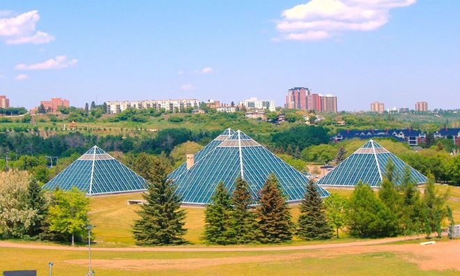 Khu nhà kính Muttart, bao gồm 4 kim tự tháp thủy tinh khổng lồ, là nơi trưng bày các loại thực vật tại thành phố Edmonton, Canada. Hai kim tự tháp có diện tích 660 m2 và hai kim tự tháp còn lại có diện tích 372 m2. Mỗi kim tự tháp được tạo môi trường khác nhau như ở vùng ôn đới, nhiệt đới, hoang mạc, để phù hợp nhất với những loài cây nhất định. Ảnh: Colin Keigher.