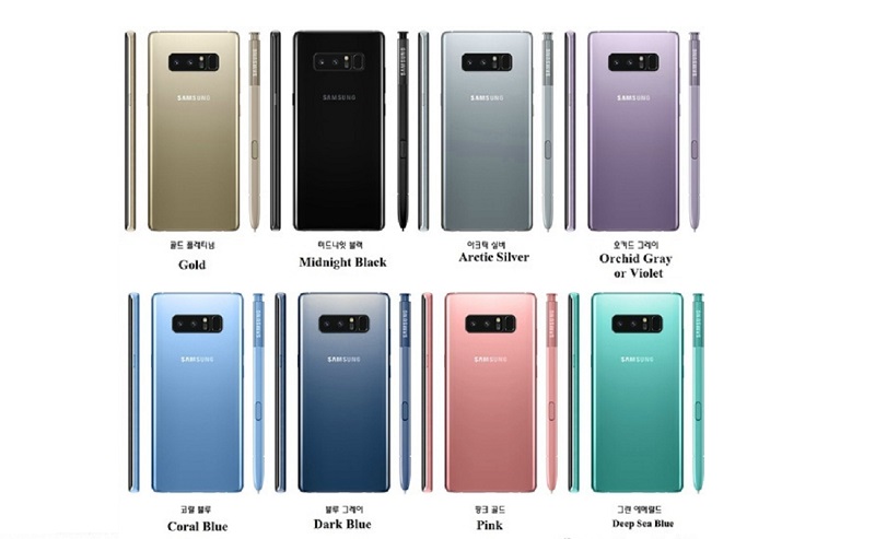 Hình ảnh này cho thấy Galaxy Note 8 sẽ có 8 tùy chọn màu cực hút mắt.