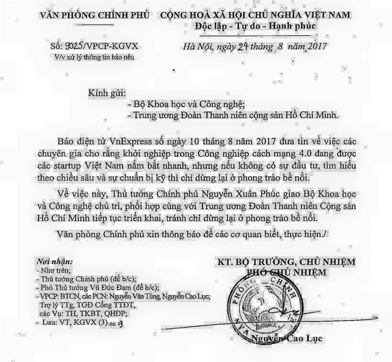 Văn bản chỉ đạo của Thủ tướng Nguyễn Xuân Phúc.