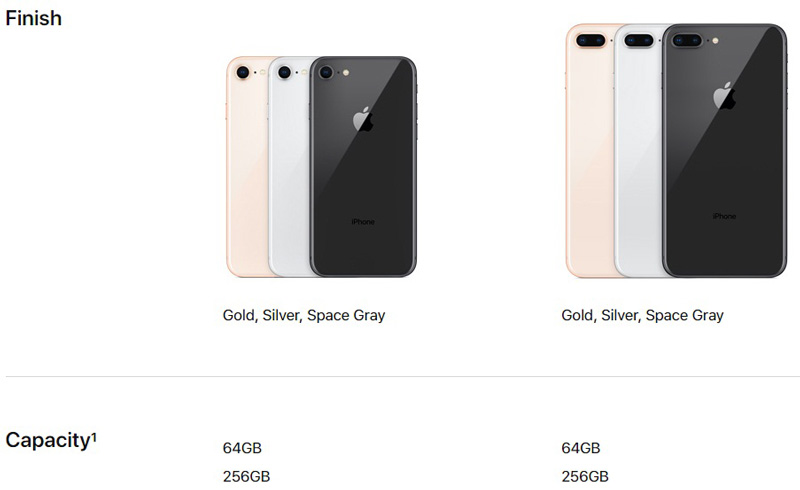 Màu sắc và các tuỳ chọn về dung lượng lưu trữ của iPhone 8, iPhone 8 Plus.