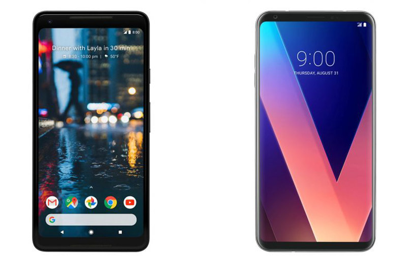 Mặt trước của Google Pixel 2 XL (trái) và LG V30.