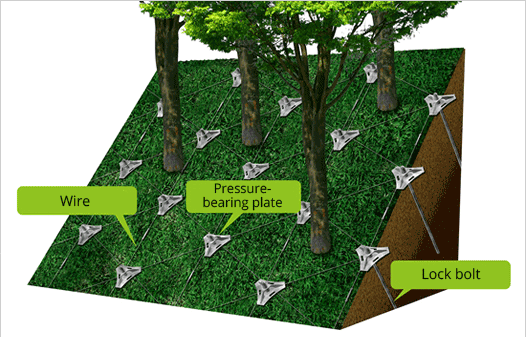 Sơ đồ thiết kế phương pháp chống sạt trượt đất Non Frame với hệ thống dây thép, tấm bịt cố định và cọc chốt. Ảnh: Non-Frame Research Institute