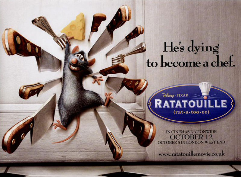 2. Chuột đầu bếp. Là một bộ phim hoạt hình Mỹ vẽ bằng máy tính do xưởng phim Pixar sản xuất và hãng Walt Disney Pictures phát hành. Đây là bộ phim thứ 8 do Pixar sản xuất và Brad Bird làm đạo diễn, người thay thế Jan Pinkava vào năm 2005. Tựa phim liên quan tới một món ăn Pháp (ratatouille) được phục vụ trong phim, và là một kiểu chơi chữ, ẩn dụ về giống loài của nhân vật chính. Nội dung nói về Remy, một chú chuột ước mơ trở thành một đầu bếp và cố gắng thực hiện mục tiêu bằng cách hợp tác với anh chàng dọn dẹp nhà bếp của một nhà hàng ở Paris.