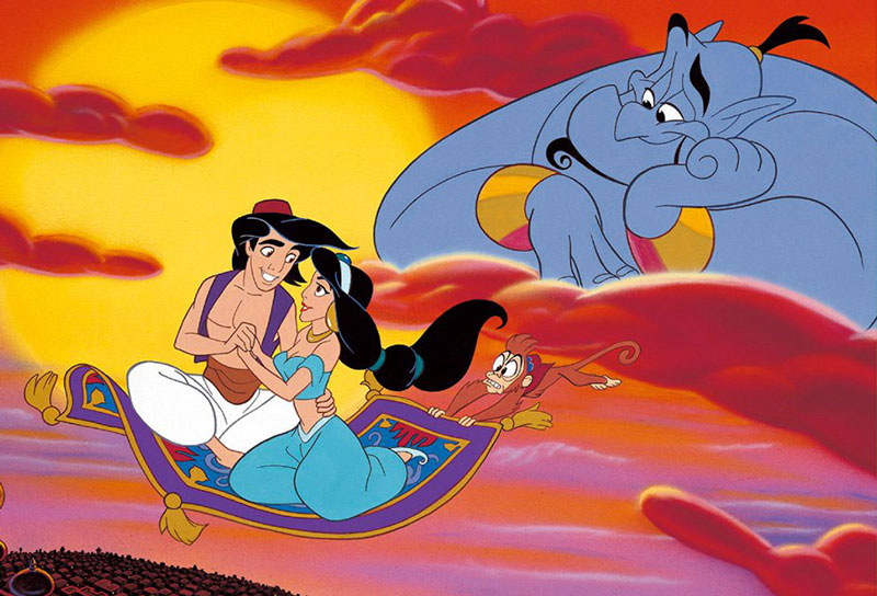 8. Aladdin. Đây là bộ phim hoạt hình của hãng hoạt hình Walt Disney sản xuất năm 1992, dựa trên truyện cổ tích Aladdin và cây đèn thần. Phim kể về một chàng trai trẻ tên Aladdin vô tình có được cây đèn thần kỳ diệu, nhờ có vị thần đèn vui tính, Aladdin mồ côi lang thang có tất cả những gì anh mơ ước như của cải và cô công chúa xinh đẹp.