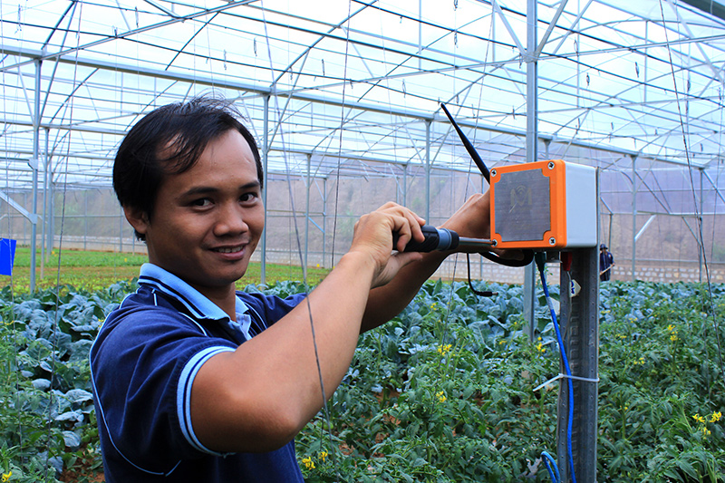 Kỹ thuật viên của MimosaTEK lắp đặt thiết bị tại trang trại trồng rau ở Đà Lạt. Ảnh: Lan Anh