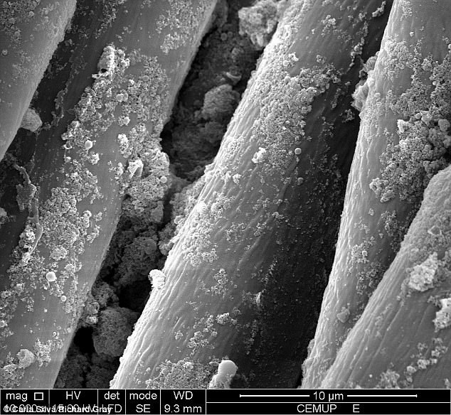 Qua kính hiển vi thấy các hạt nano siêu nhỏ gắn chặt sợi quần áo