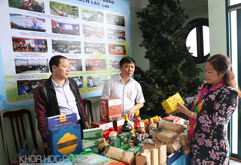 Bà Lê Thị Hồng Loan giới thiệu về các sản vật của tỉnh Lào Cai. Ảnh: Loan Lê