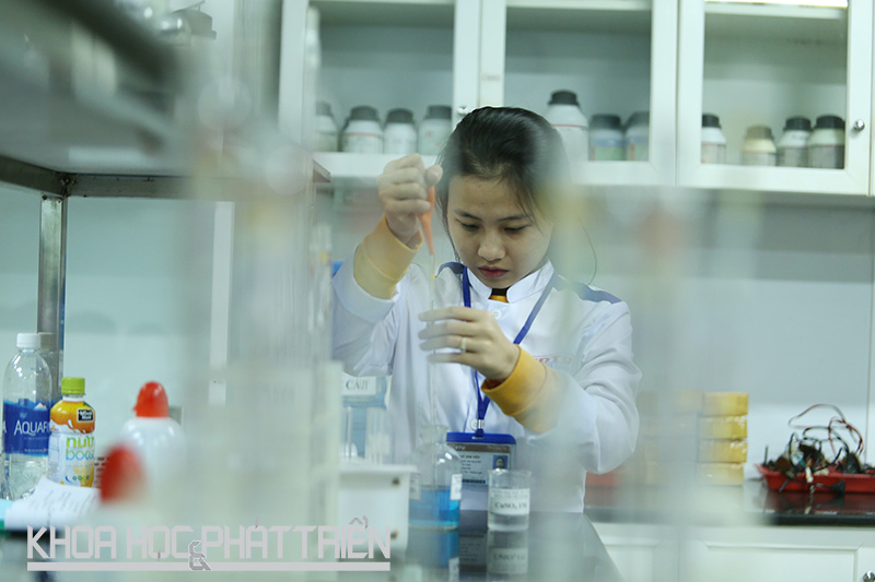 Các sinh viên của trường Đại học Duy Tân thực hành tại Phòng thí nghiệm Hóa học. Ảnh: Lê Phượng