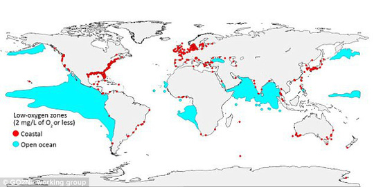 Những vùng chết (đánh dấu bằng màu đỏ hoặc xanh) đang lan rộng trên khắp đại dương (màu đỏ: khu vực duyên hải; màu xanh: ngoài khơi) - ảnh do nhóm nghiên cứu cung cấp