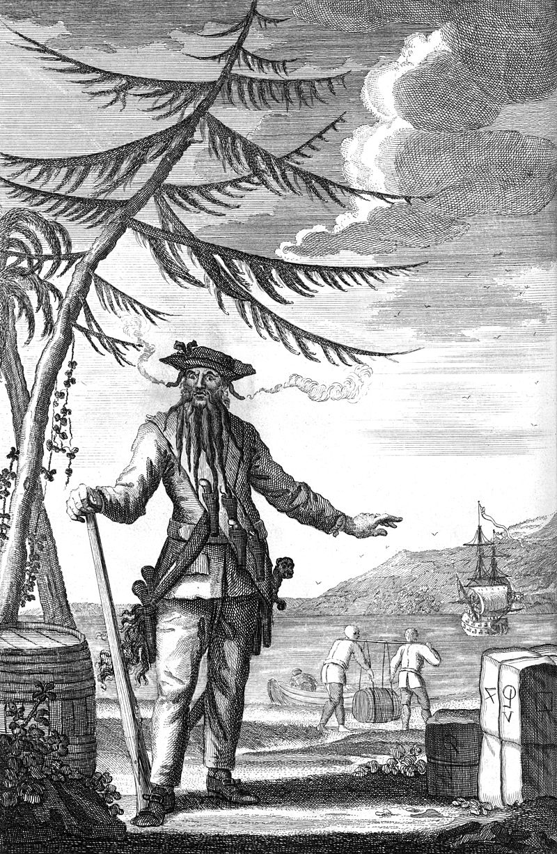  Cướp biển Râu đen (Blackbeard) hay Edward Teach (tên thật) huyền thoại, kẻ reo rắc nỗi kinh hoàng trên khắp các vùng biển Châu Mỹ, thường được nhắc đến trong các tác phẩm của Daniel Defoe hay Charles Johnson. Ảnh: Wikipedia
