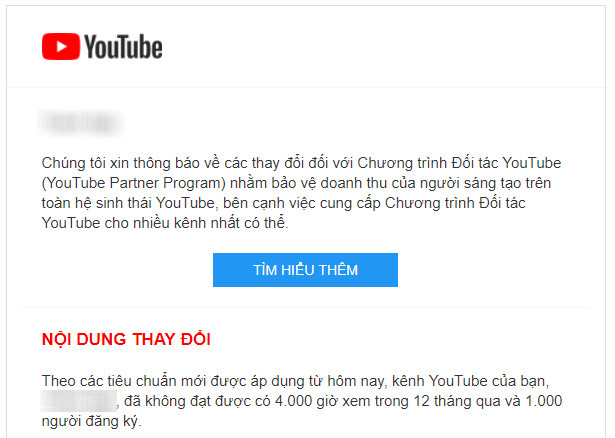   YouTuber tại Việt Nam bắt đầu nhận thông báo tắt kiếm tiền nếu kênh của họ không đủ điều kiện.