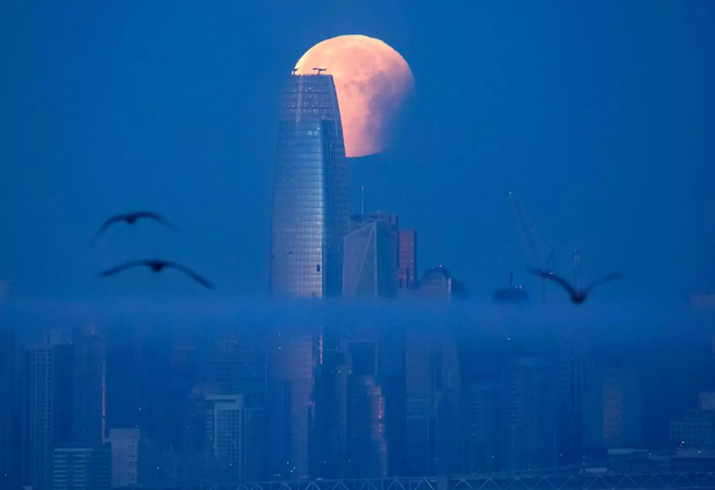 Mặt Trăng được chụp ở vị trí nằm phía sau tháp Salesforce ở San Francisco (Mỹ). Ảnh: AFP.