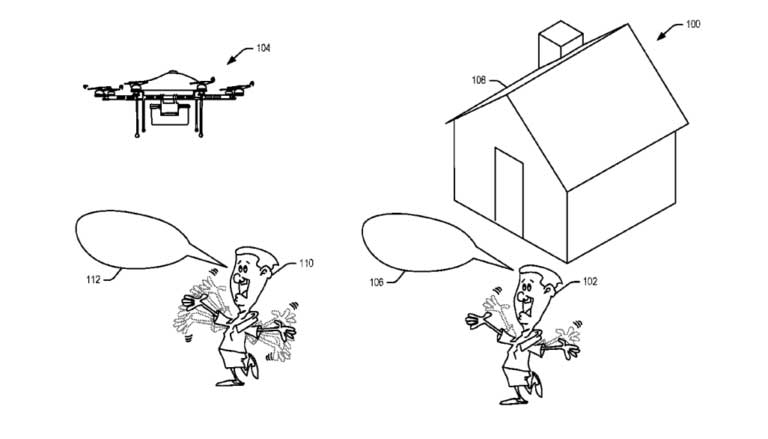 Hình vẽ minh hoạ bằng sáng chế: Bạn chỉ cần hét lên ''xuống'' hay '' hạ cánh'' trong khi vẫy tay chào Drone giao hàng cho mình. Ảnh: USPTO