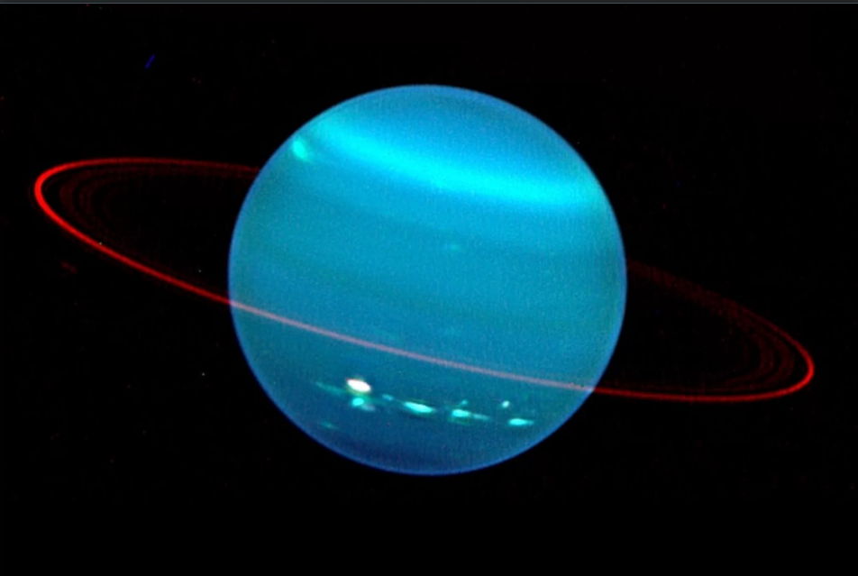 Mathane trong khí quyển của sao Thiên Vương khiến hành tinh này có màu xanh, nhìn từ kính viễn vọng Keck (năm 2004). Ảnh: Lawrence Sromovsky, Đại học Wisconsin.