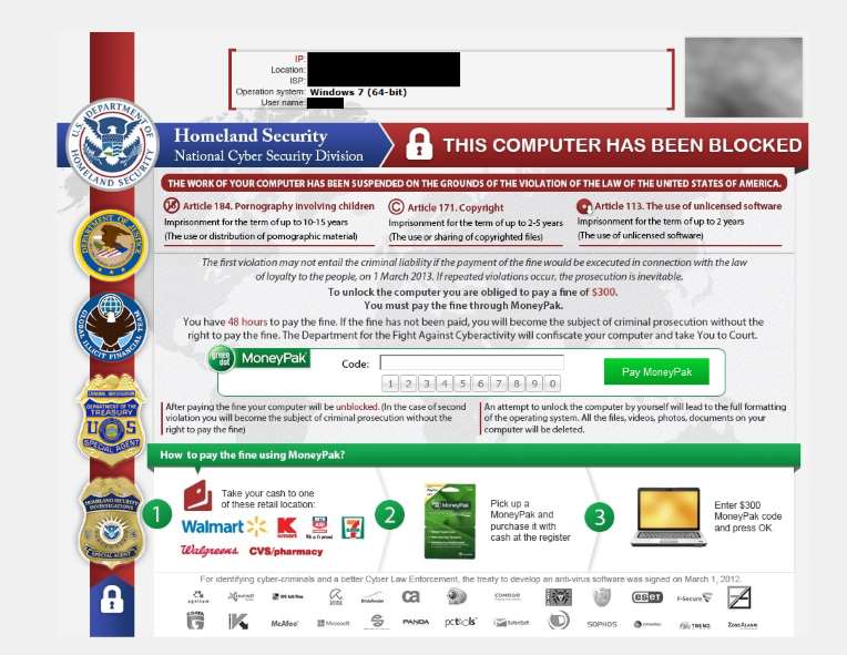 Mã độc lừa đảo Reveton sử dụng logo của FBI và NSA
