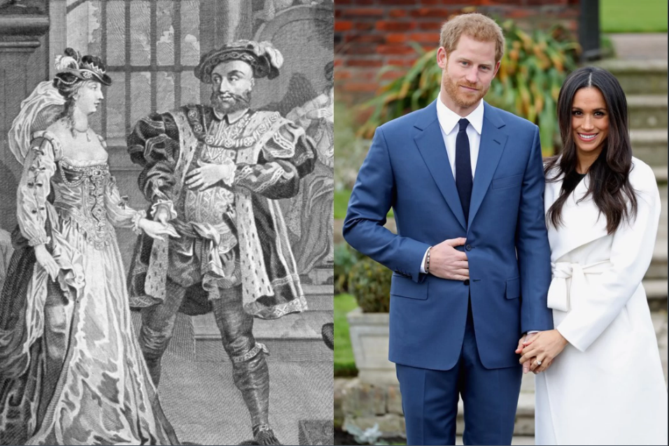Đám cưới của Hoàng tử Harry và diễn viên người Mỹ Meghan Markle (từng ly dị một lần) được tổ chức vào ngày 19/05, đúng ngày Hoàng hậu Anne Boleyn bị hành quyết. Ảnh: Time Life Pictures/Mansell/The LIFE Picture Collection/Getty Images (trái); Chris Jackson/Getty Images (phải)      