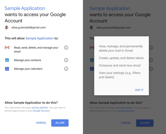 Một ứng dụng hỏi "xin phép" truy cập vào Gmail của người dùng.