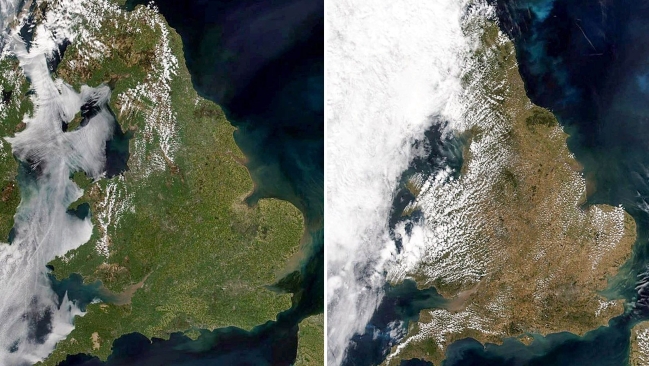 Hình ảnh vệ tinh cho thấy nước Anh xơ xác chỉ sau 2 tháng nắng nóng liên tục - Ảnh: QZ