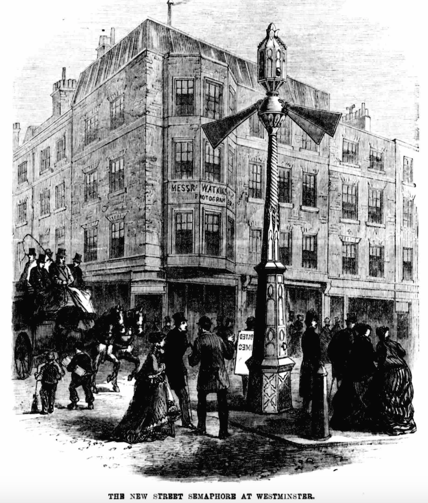 Đèn hiệu giao thông được lắp đặt đầu tiên ở London, trên giao lộ giữa hai tuyến phố Bridge St và Great George St. Ảnh: The Illustrated Times