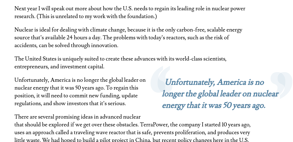 Trong thư cam kết đầu năm theo phong tục phương Tây, Bill Gates nêu bật tầm quan trọng của năng lượng hạt nhân. Ảnh: Gates' Notes. 